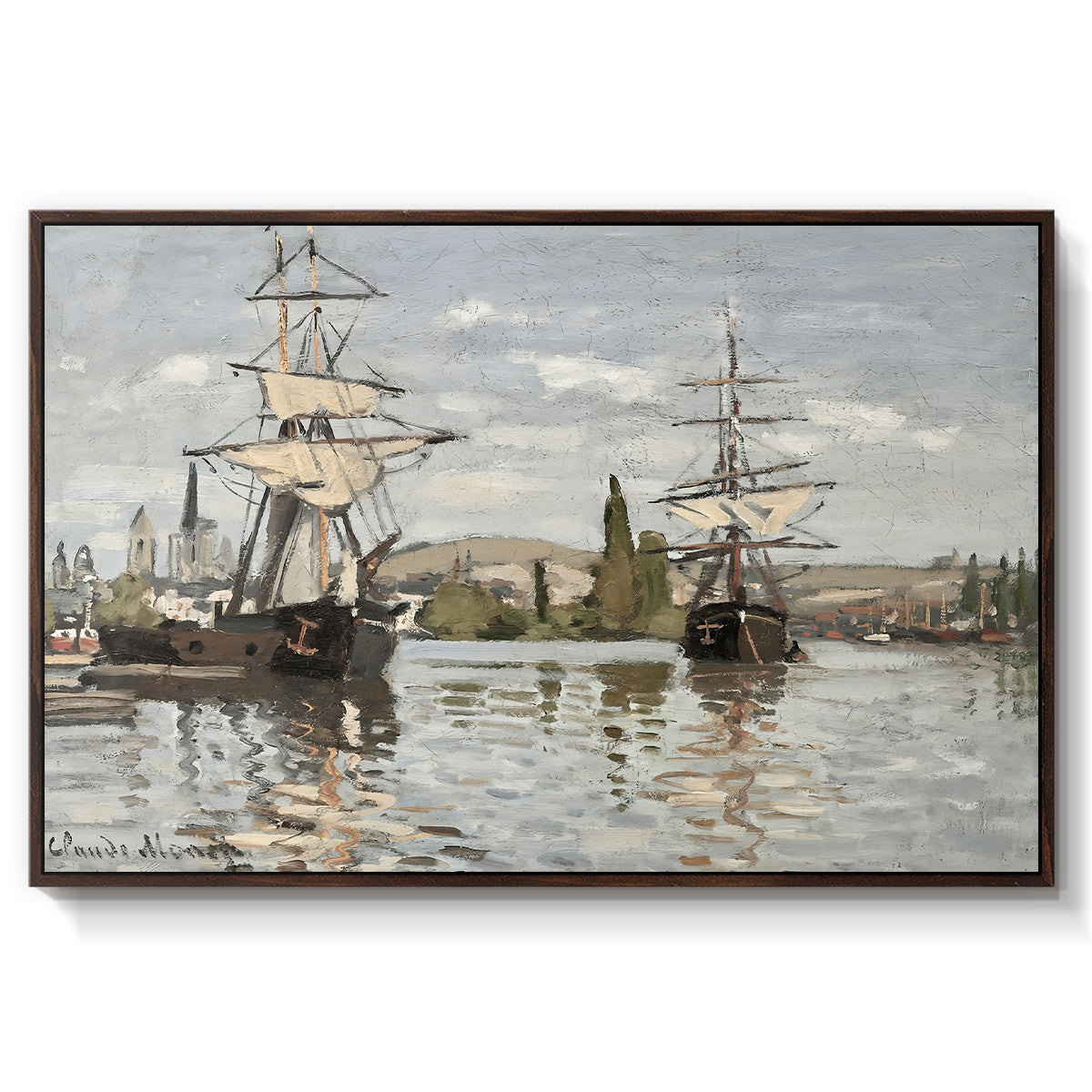 Ships Riding on the Seine at Rouen, 1872 by Claude Monet in a walnut floater framed canvas wall art display.