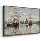 Angled view of Ships Riding on the Seine at Rouen, 1872 by Claude Monet in a walnut floater framed canvas.