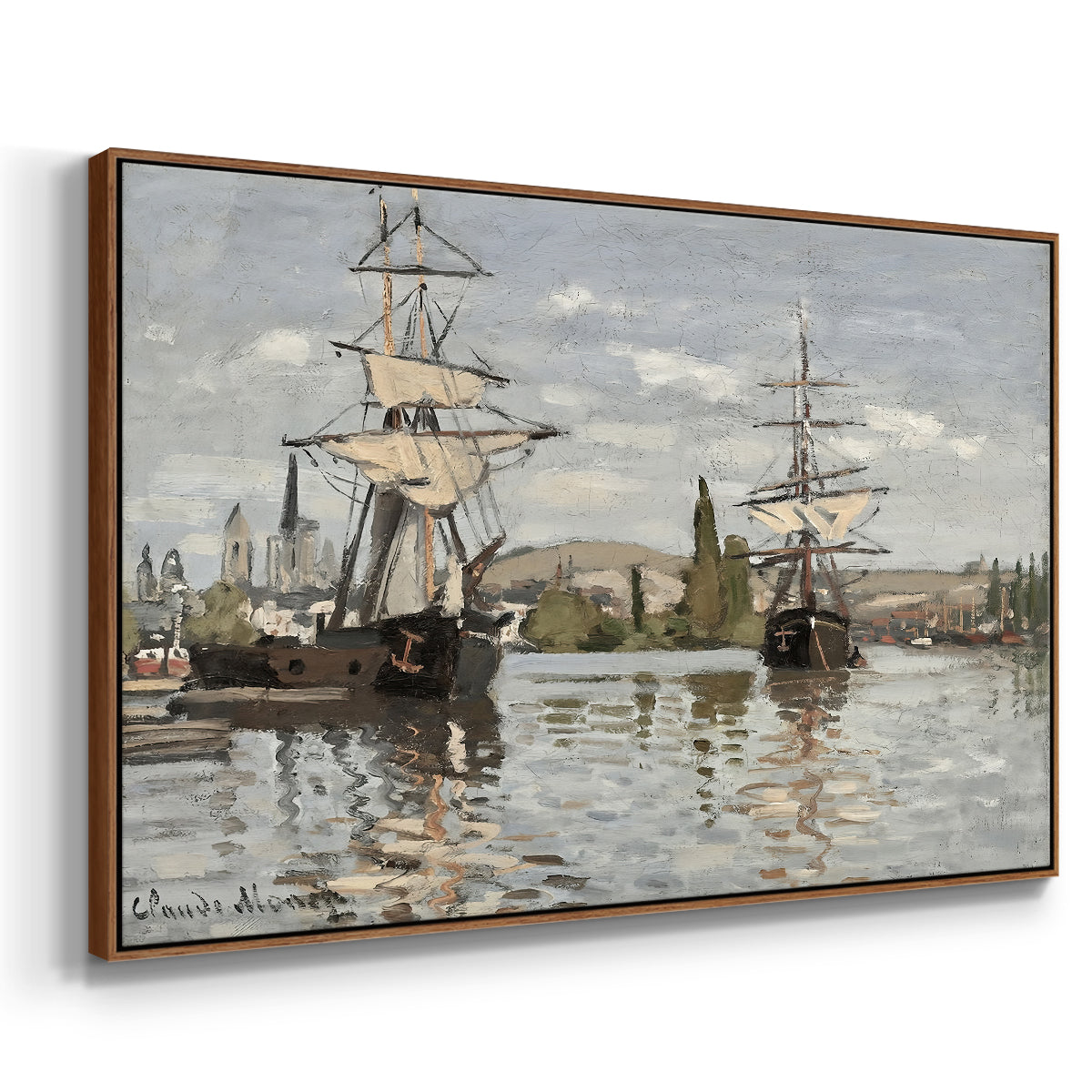 Angled view of Ships Riding on the Seine at Rouen, 1872 by Claude Monet in a walnut floater framed canvas.