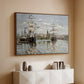 Walnut floater framed canvas of Ships Riding on the Seine at Rouen, 1872 by Claude Monet, featuring an impressionist river scene with anchored sailing ships and reflections above a console cabinet in a minimalist entryway.