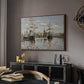 Ships Riding on the Seine at Rouen, 1872 by Claude Monet in a walnut floater framed canvas featuring a harbor view with tall ships lining the waterfront in muted tones, displayed above a desk in a dark home office interior.