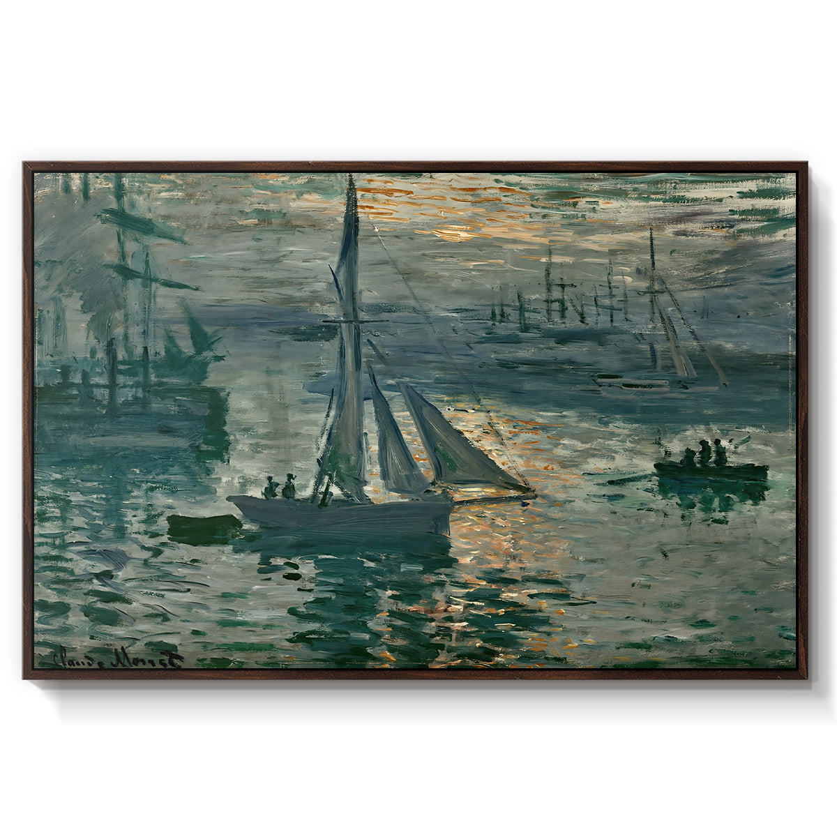 Sunrise (Marine), 1873 by Claude Monet in a walnut floater framed canvas wall art display.