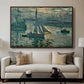 Sunrise (Marine), 1873 by Claude Monet displayed in a walnut floater framed canvas above a sofa in a clean living room.