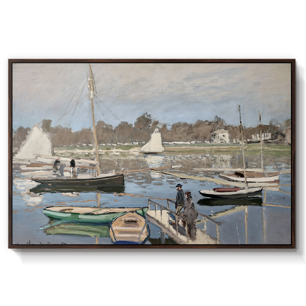 The Basin at Argenteuil, 1874 by Claude Monet in a walnut floater framed canvas wall art display.