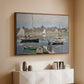 Walnut floater framed canvas of The Basin at Argenteuil, 1874 by Claude Monet, featuring an impressionist boating scene with clustered masts and gentle ripples above a console cabinet in a minimalist entryway.