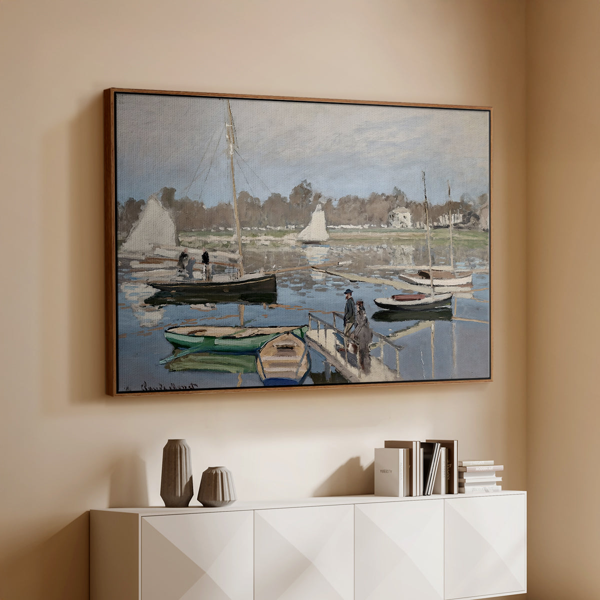 Walnut floater framed canvas of The Basin at Argenteuil, 1874 by Claude Monet, featuring an impressionist boating scene with clustered masts and gentle ripples above a console cabinet in a minimalist entryway.