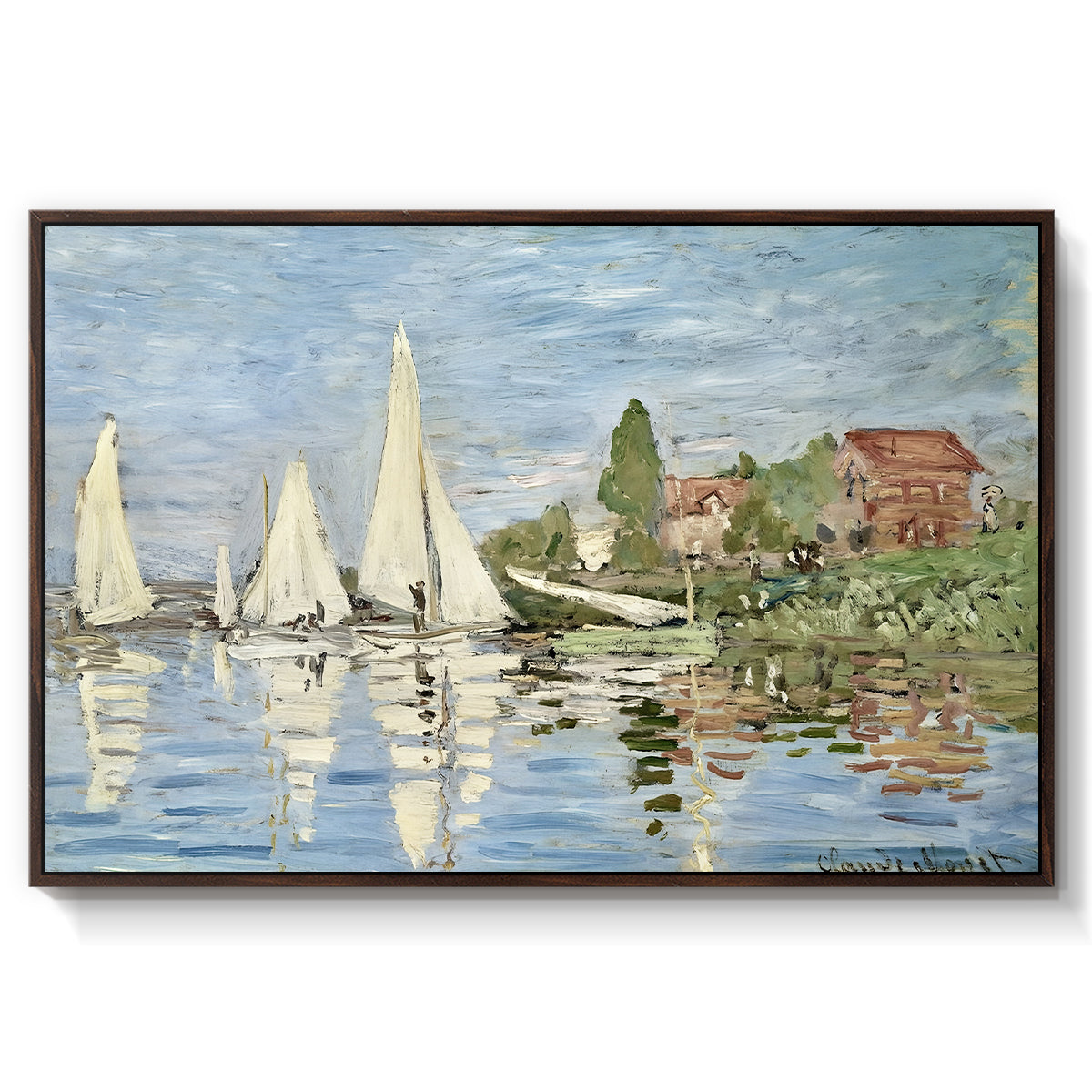 Regatta at Argenteuil, 1872 by Claude Monet in a walnut floater framed canvas wall art display.