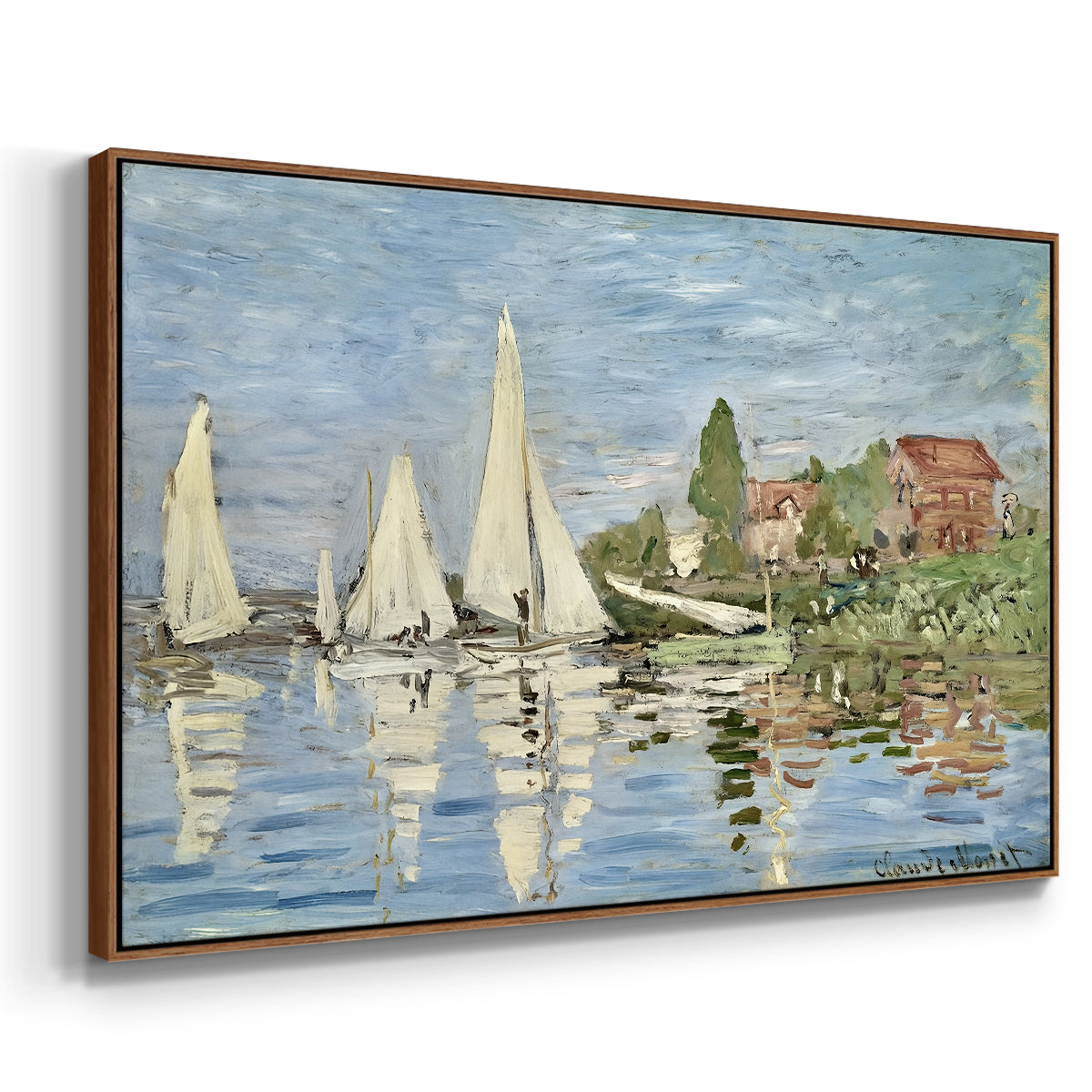 Angled view of Regatta at Argenteuil, 1872 by Claude Monet in a walnut floater framed canvas.