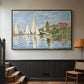 Walnut floater framed canvas featuring a dynamic nautical scene with boats moving across river, displayed in a hallway near a staircase.