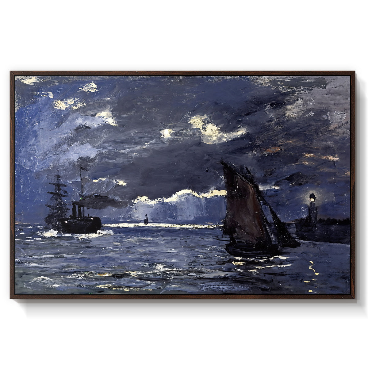 A Seascape, Shipping by Moonlight, 1864 by Claude Monet in a walnut floater framed canvas wall art display.
