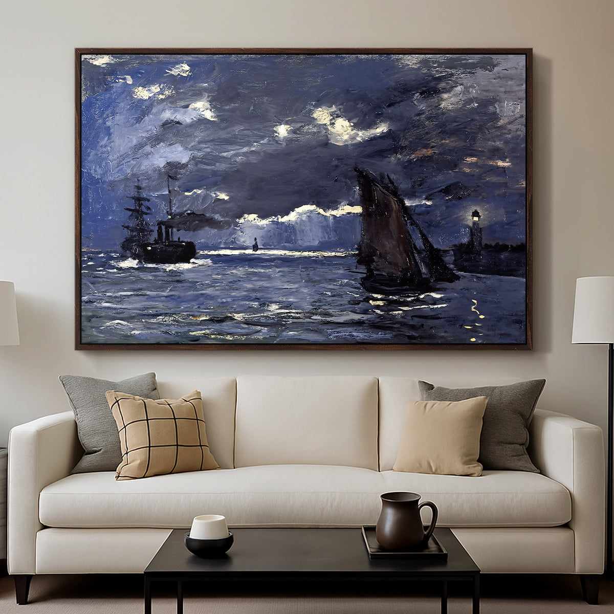 A Seascape, Shipping by Moonlight, 1864 by Claude Monet displayed in a walnut floater framed canvas above a sofa in a clean living room.