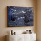 Walnut floater framed canvas of A Seascape, Shipping by Moonlight, 1864 by Claude Monet, featuring a nocturnal seascape with boats silhouetted against glowing moon above a console cabinet in a minimalist entryway.