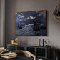 A Seascape, Shipping by Moonlight, 1864 by Claude Monet in a walnut floater framed canvas featuring a dramatic ocean scene with light reflecting across water at night, displayed above a desk in a dark home office interior.