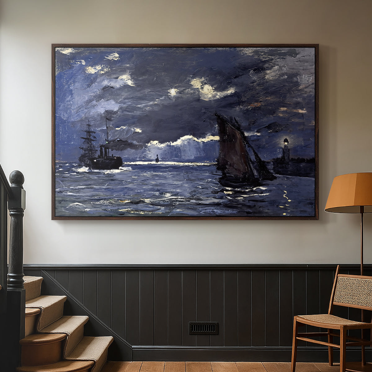 Walnut floater framed canvas featuring an atmospheric maritime view with ships in moonlit darkness, displayed in a hallway near a staircase.