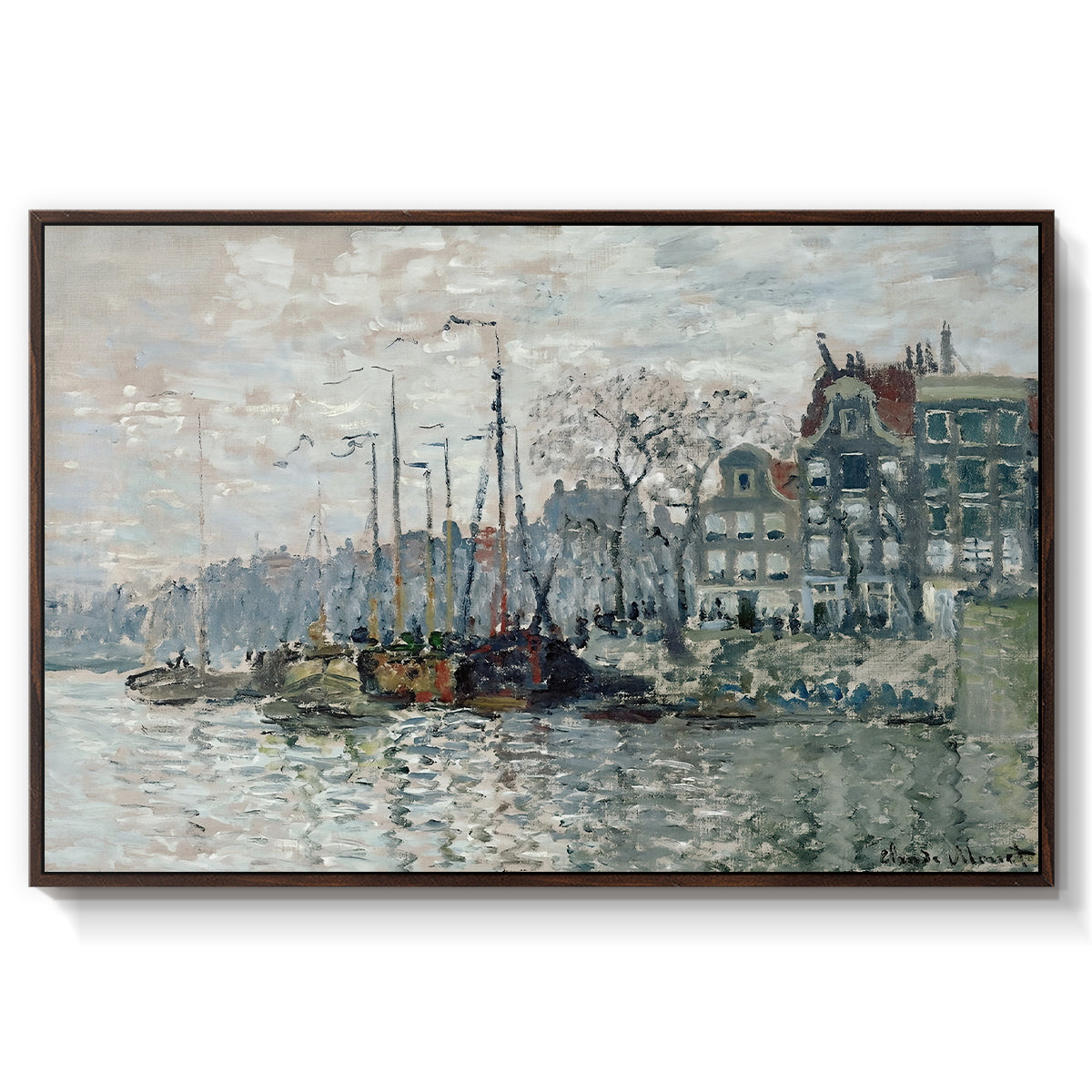 View of the Prins Hendrikkade and Kromme Waal in Amsterdam, 1874 by Claude Monet in a walnut floater framed canvas wall art display.