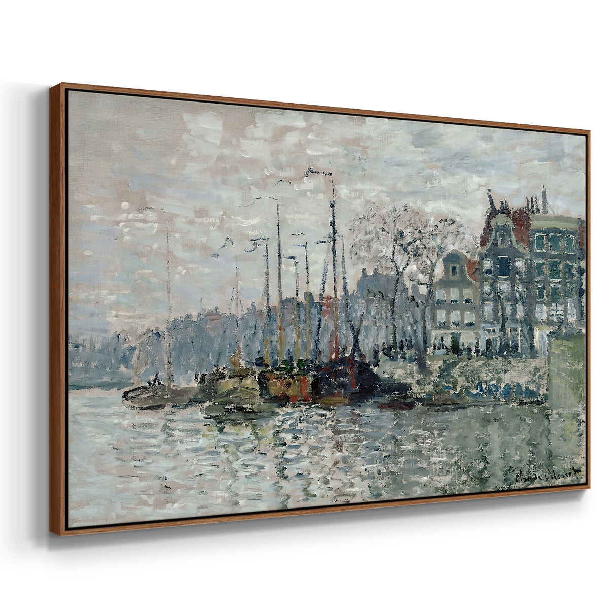 Angled view of View of the Prins Hendrikkade and Kromme Waal in Amsterdam, 1874 by Claude Monet in a walnut floater framed canvas.