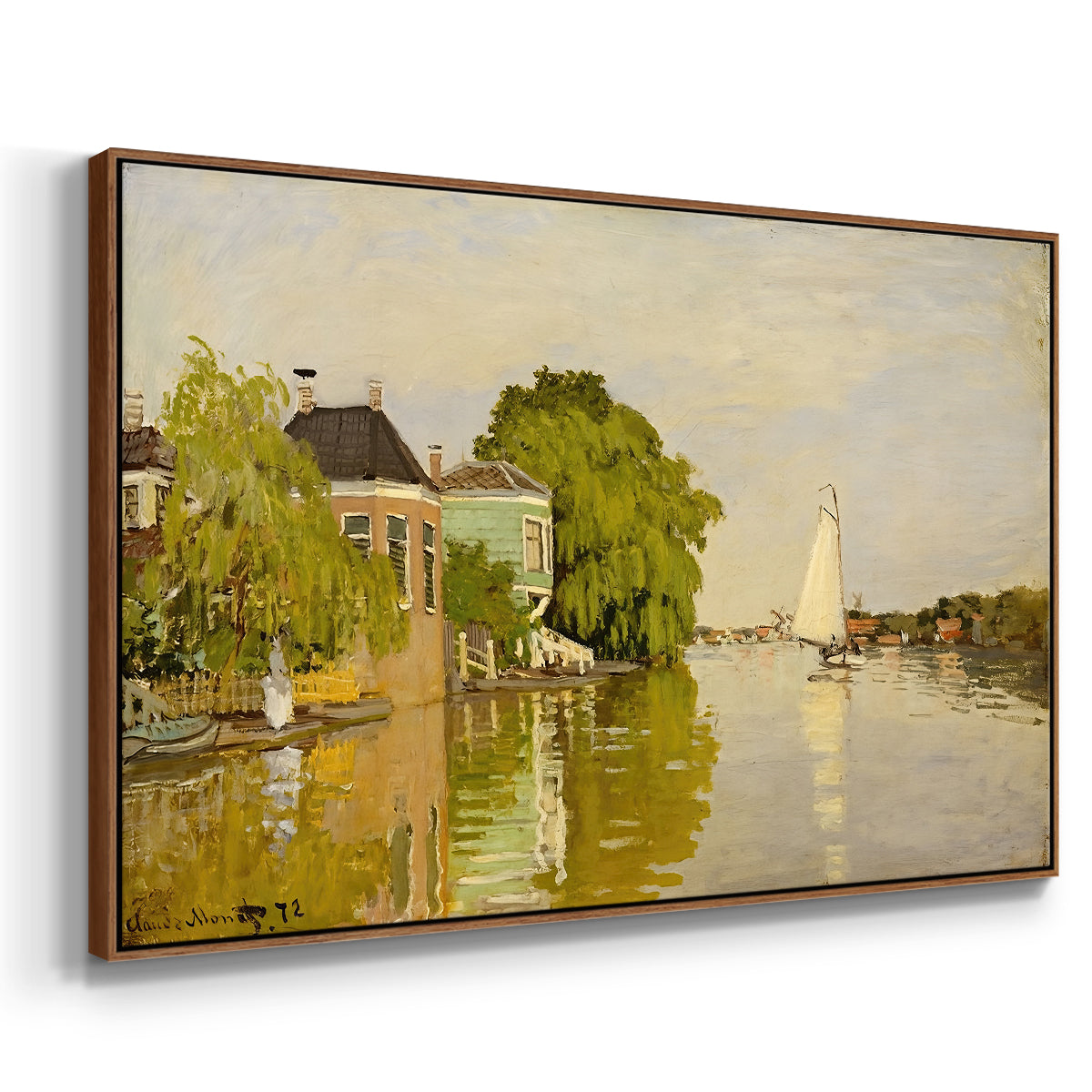 Angled view of Houses on the Achterzaan, 1871 by Claude Monet in a walnut floater framed canvas.