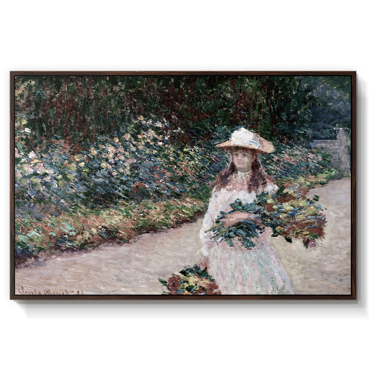 Young Girl in the Garden at Giverny, 1888 by Claude Monet in a walnut floater framed canvas wall art display.