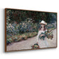 Angled view of Young Girl in the Garden at Giverny, 1888 by Claude Monet in a walnut floater framed canvas.