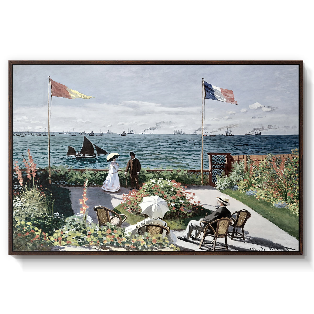 Garden at Sainte-Adresse, 1867 by Claude Monet in a walnut floater framed canvas wall art display.