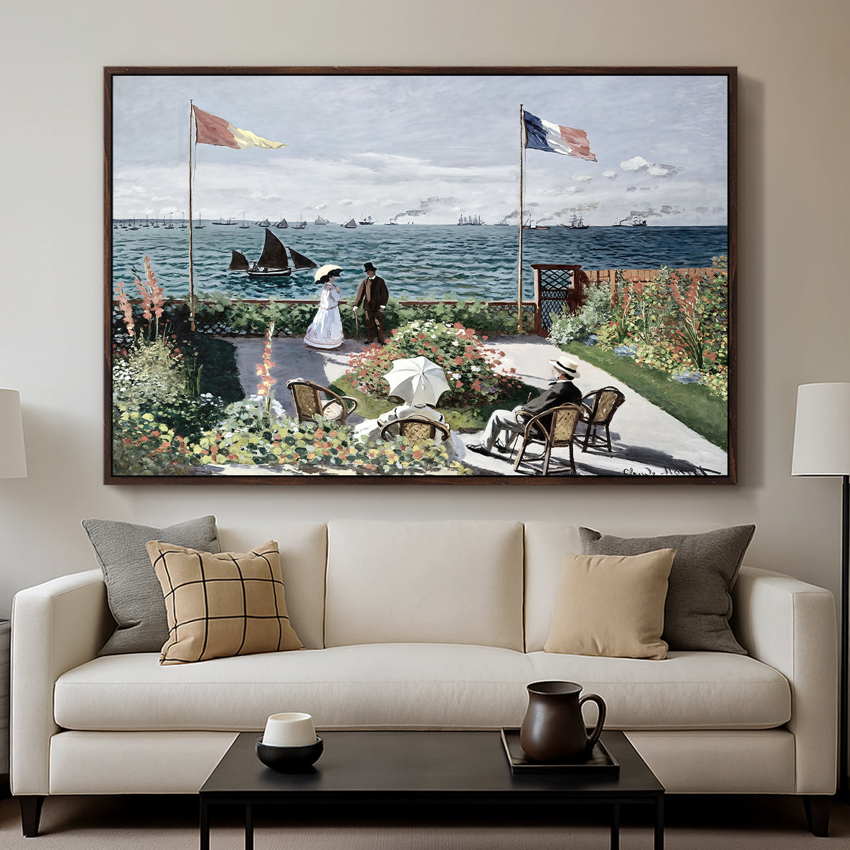 Garden at Sainte-Adresse, 1867 by Claude Monet displayed in a walnut floater framed canvas above a sofa in a clean living room.