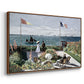 Angled view of Garden at Sainte-Adresse, 1867 by Claude Monet in a walnut floater framed canvas.