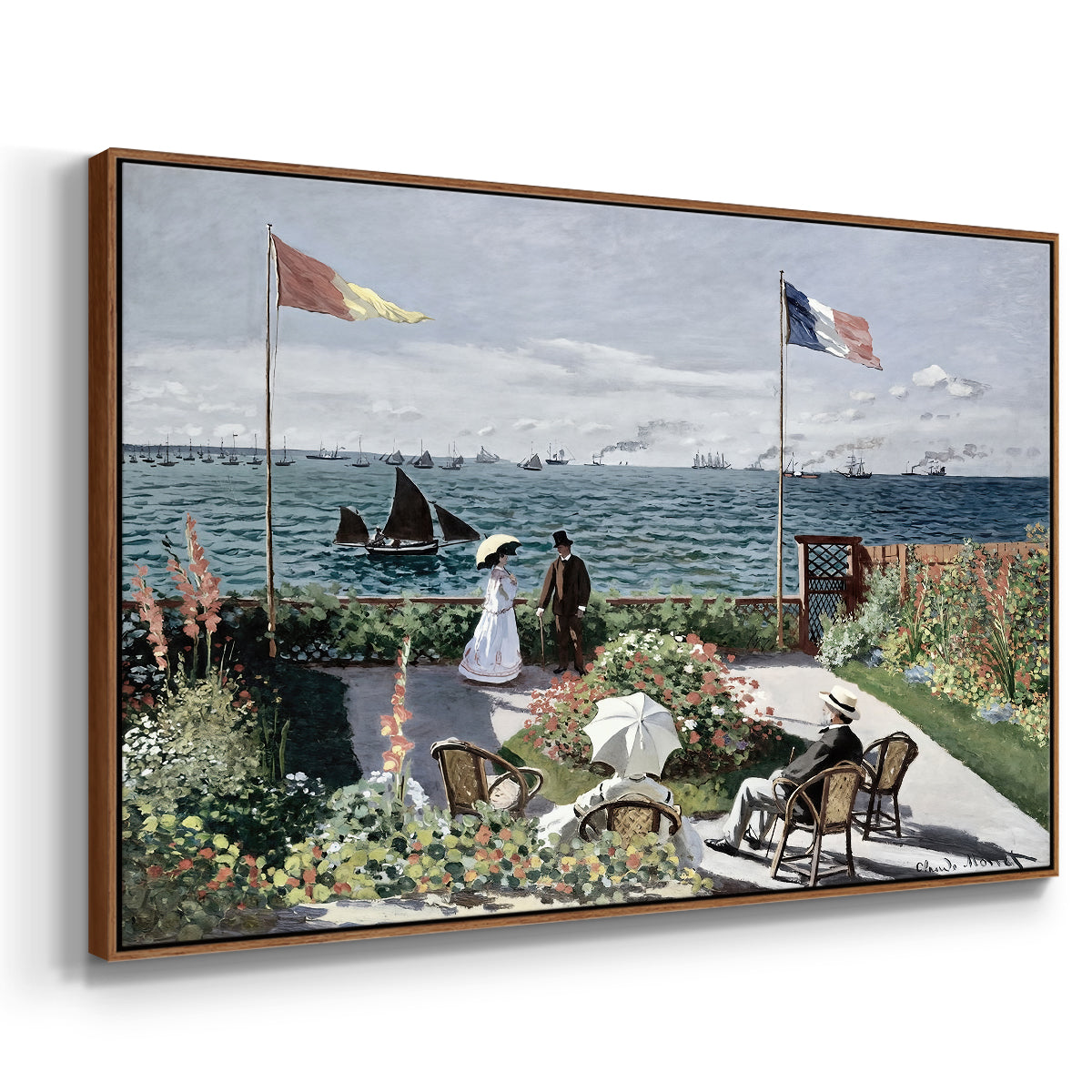 Angled view of Garden at Sainte-Adresse, 1867 by Claude Monet in a walnut floater framed canvas.