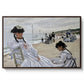 On the Beach at Trouville, 1870 by Claude Monet in a walnut floater framed canvas wall art display.