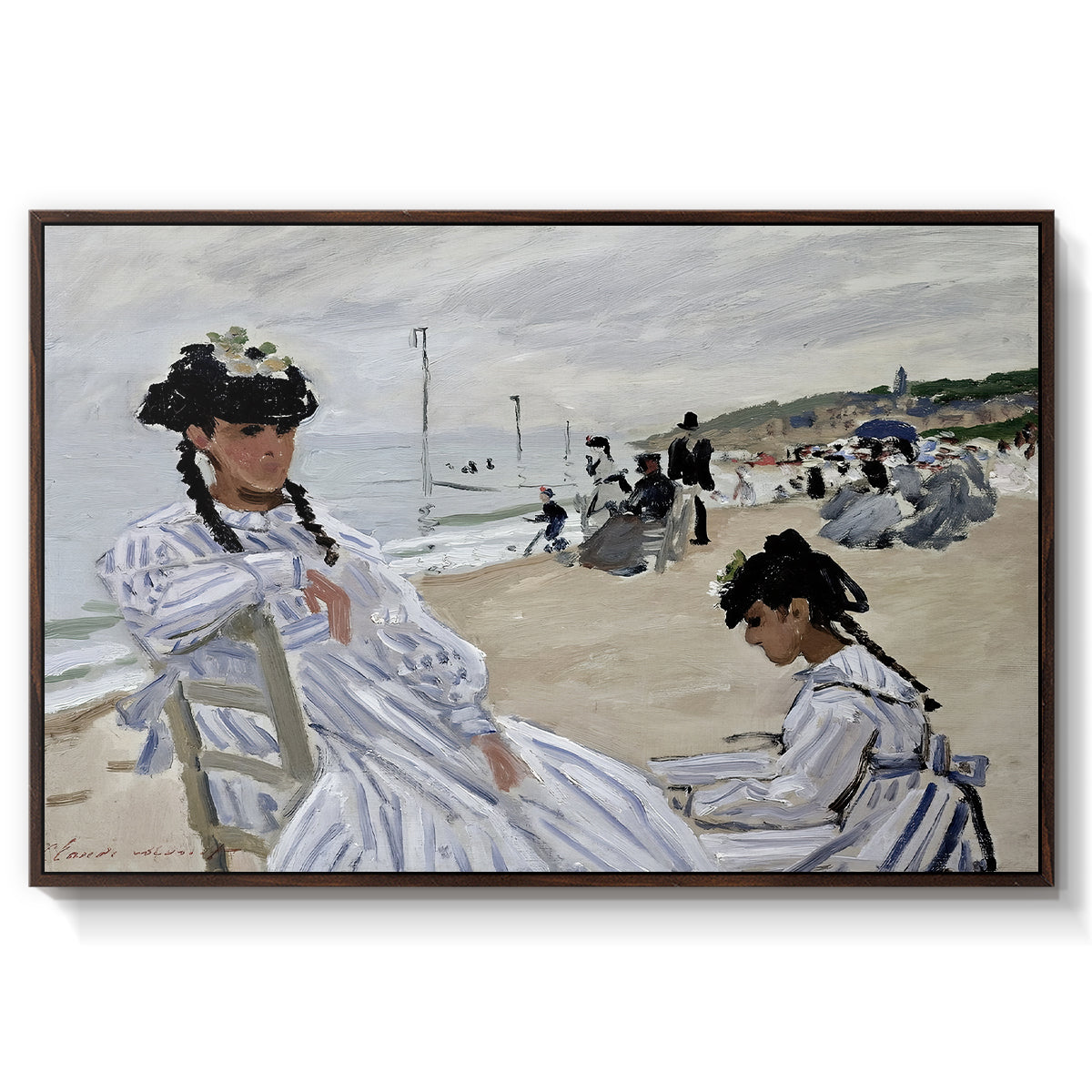 On the Beach at Trouville, 1870 by Claude Monet in a walnut floater framed canvas wall art display.