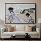 On the Beach at Trouville, 1870 by Claude Monet displayed in a walnut floater framed canvas above a sofa in a clean living room.