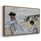 Angled view of On the Beach at Trouville, 1870 by Claude Monet in a walnut floater framed canvas.