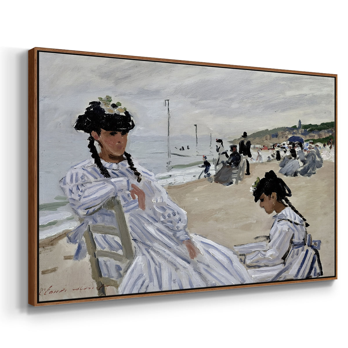 Angled view of On the Beach at Trouville, 1870 by Claude Monet in a walnut floater framed canvas.
