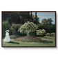 Woman in the Garden, Sainte-Adresse, 1867 by Claude Monet in a walnut floater framed canvas wall art display.