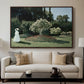 Woman in the Garden, Sainte-Adresse, 1867 by Claude Monet displayed in a walnut floater framed canvas above a sofa in a clean living room.