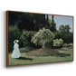 Angled view of Woman in the Garden, Sainte-Adresse, 1867 by Claude Monet in a walnut floater framed canvas.