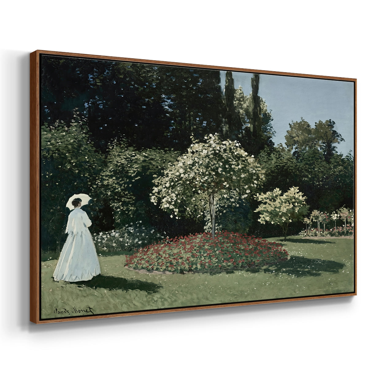 Angled view of Woman in the Garden, Sainte-Adresse, 1867 by Claude Monet in a walnut floater framed canvas.
