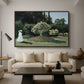Woman in the Garden, Sainte-Adresse, 1867 by Claude Monet as a walnut floater framed canvas featuring a woman standing in garden surrounded by flowers and greenery, displayed above a sofa in a modern living room.