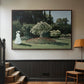 Walnut floater framed canvas featuring a tranquil garden portrait with soft natural light, displayed in a hallway near a staircase.