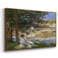 Angled view of On the Bank of the Seine, Bennecourt, 1868 by Claude Monet in a walnut floater framed canvas.