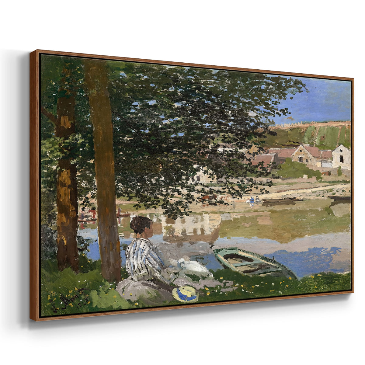 Angled view of On the Bank of the Seine, Bennecourt, 1868 by Claude Monet in a walnut floater framed canvas.