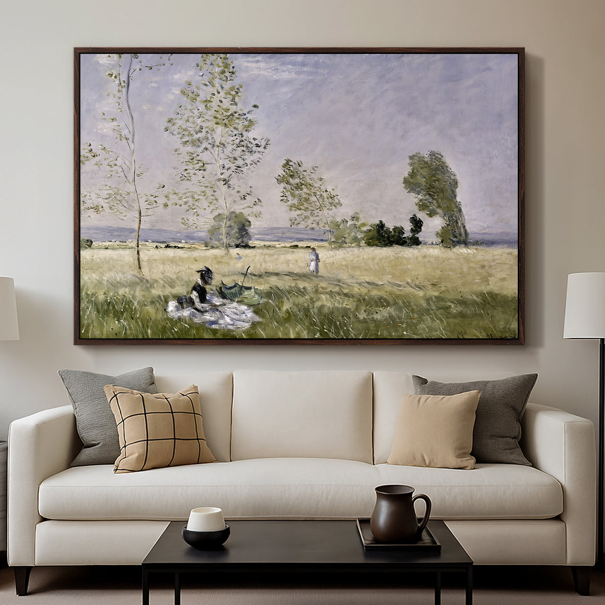 Summer (L'ete), 1874 by Claude Monet displayed in a walnut floater framed canvas above a sofa in a clean living room.
