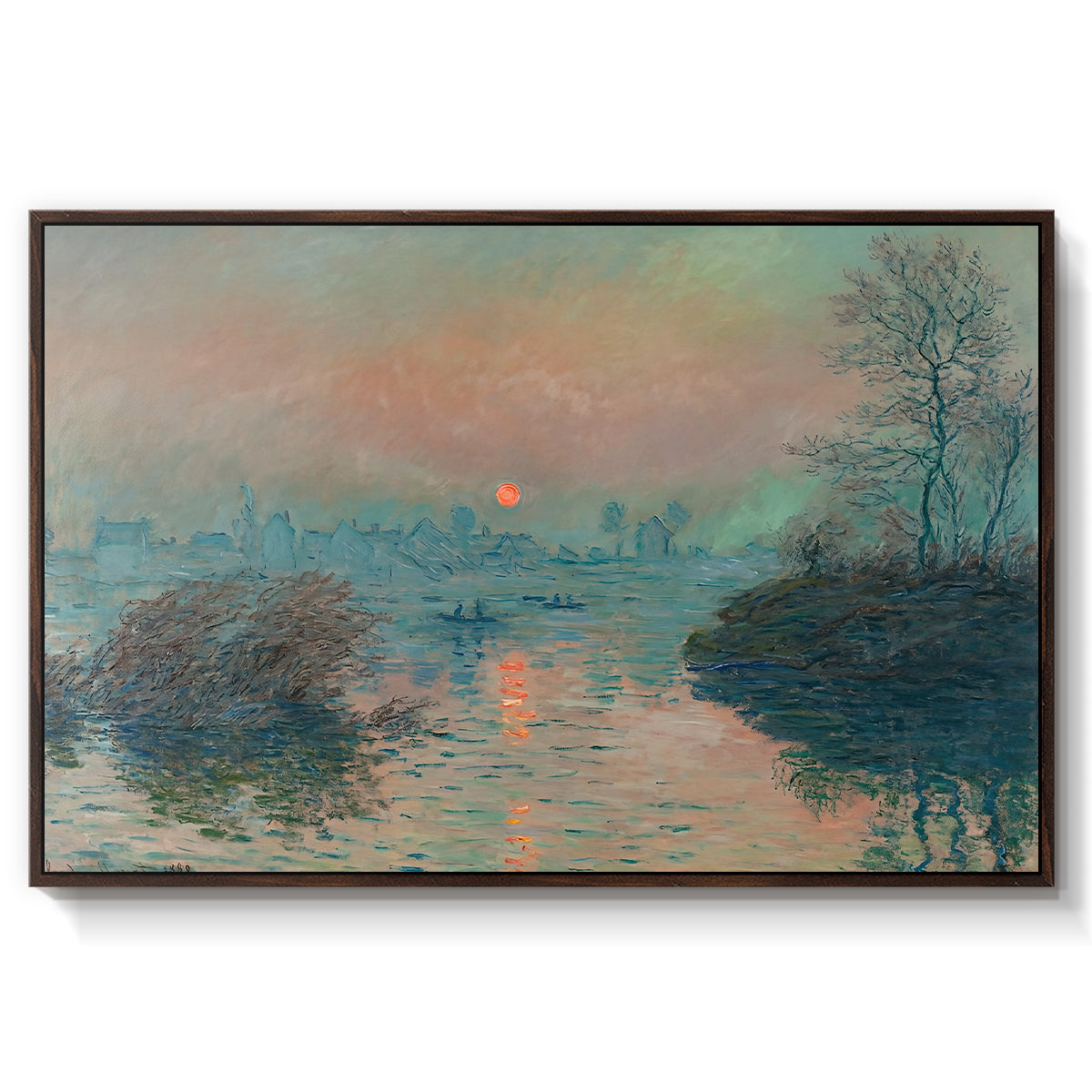 Sunset on the Seine at Lavacourt, Winter Effect, 1880 by Claude Monet in a walnut floater framed canvas wall art display.