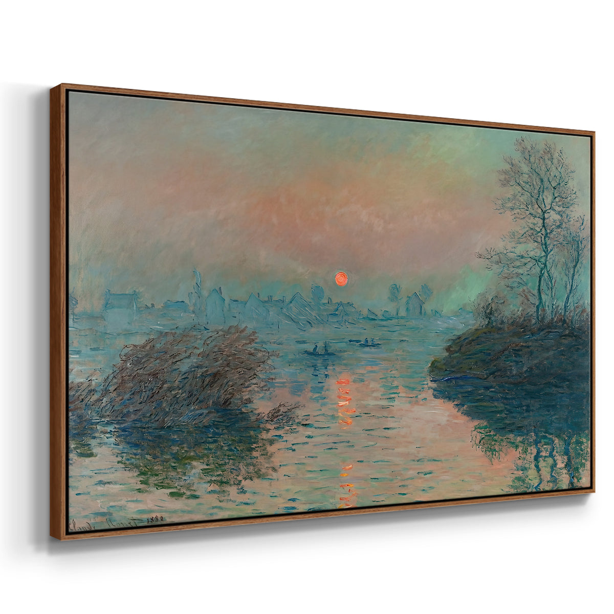 Angled view of Sunset on the Seine at Lavacourt, Winter Effect, 1880 by Claude Monet in a walnut floater framed canvas.