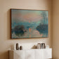 Walnut floater framed canvas of Sunset on the Seine at Lavacourt, Winter Effect, 1880 by Claude Monet, featuring a winter scene with warm light reflecting on water at dusk above a console cabinet in a minimalist entryway.