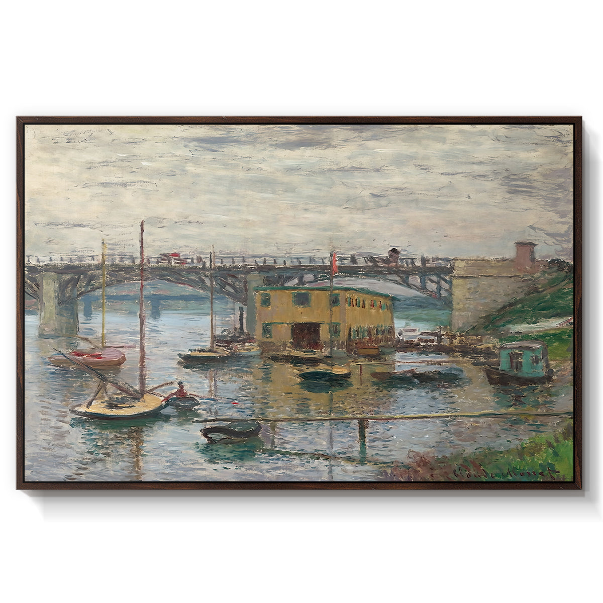 Bridge at Argenteuil on a Gray Day, c. 1876 by Claude Monet in a walnut floater framed canvas wall art display.