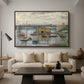 Bridge at Argenteuil on a Gray Day, c. 1876 by Claude Monet as a walnut floater framed canvas featuring a bridge crossing river under gray sky with muted reflections, displayed above a sofa in a modern living room.