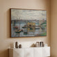 Walnut floater framed canvas of Bridge at Argenteuil on a Gray Day, c. 1876 by Claude Monet, featuring an impressionist riverscape with overcast atmosphere and soft tones above a console cabinet in a minimalist entryway.