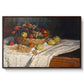 Still Life with Apples and Grapes, 1880 by Claude Monet in a walnut floater framed canvas wall art display.