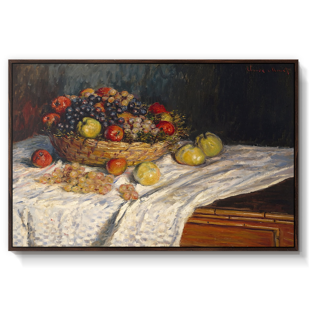 Still Life with Apples and Grapes, 1880 by Claude Monet in a walnut floater framed canvas wall art display.