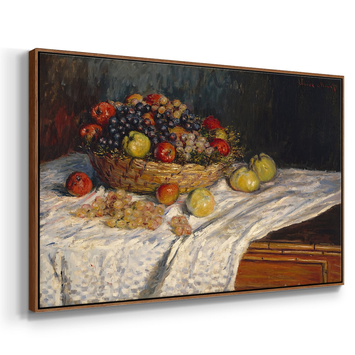 Angled view of Still Life with Apples and Grapes, 1880 by Claude Monet in a walnut floater framed canvas.